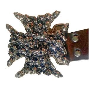 BADICHI Brown Leather Belt Mens SCULL CROSS BUCKLE METAL MOTORCYCLE , ISRAEL